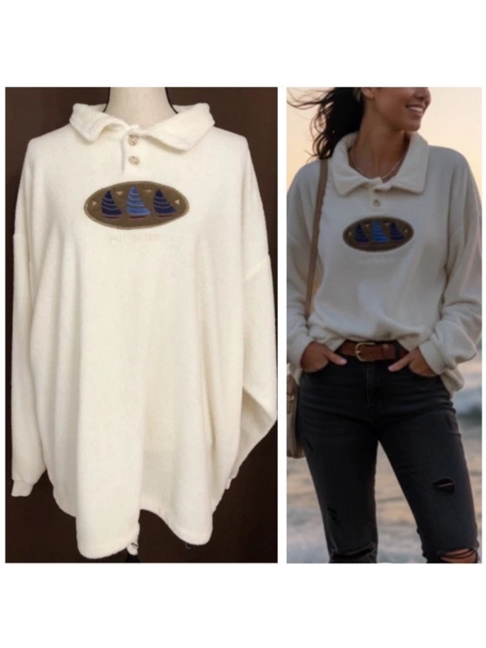 Vintage nautical coastal Terry Oversized long sleeve Sweatshirt Put-in-Bay L/XL